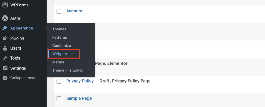 WordPress Dashboard Appearance settings